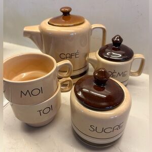 Vintage MCM Ceramic Café Set in Cream and Brown - Pot, Sugar, Creamer & Mugs